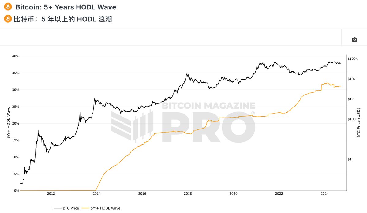 比特币 5+ Years HODL Wave 指标 复盘2011-2024年比特币减半周期影响是否正在减弱